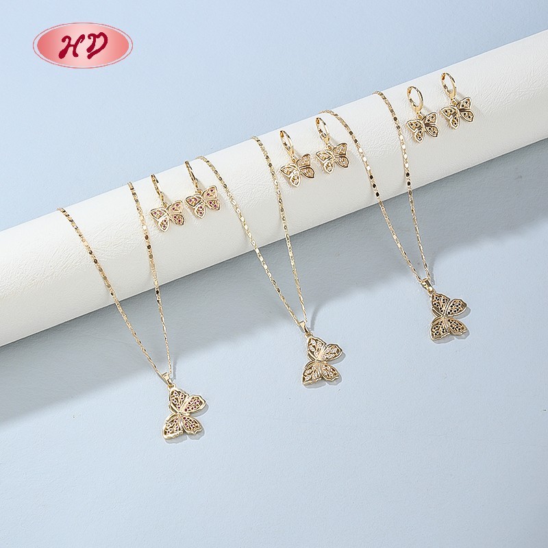 18K Gold Plated Copper Alloy Cz Cute Butterfly Jewelry Sets