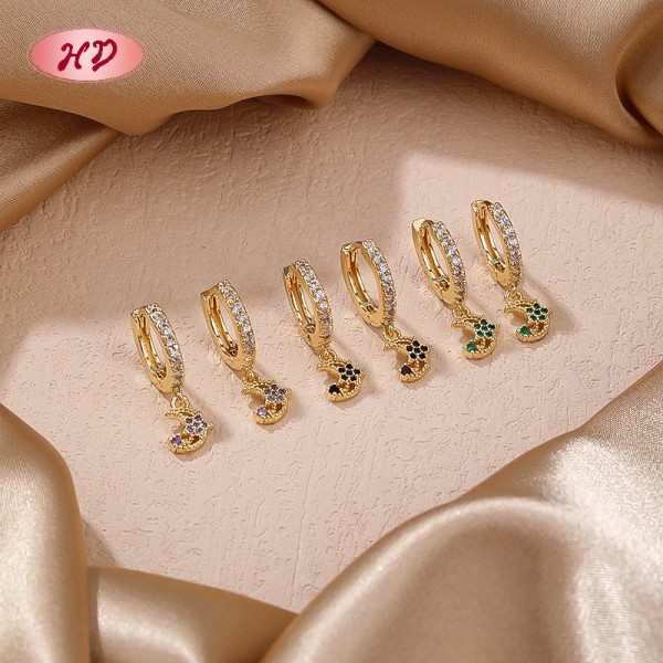 Hengdian Jewelry 18K Gold Plated Star Moon Huggie Earrings | Cubic Zirconia Copper Alloy | Women's Fashion Earrings