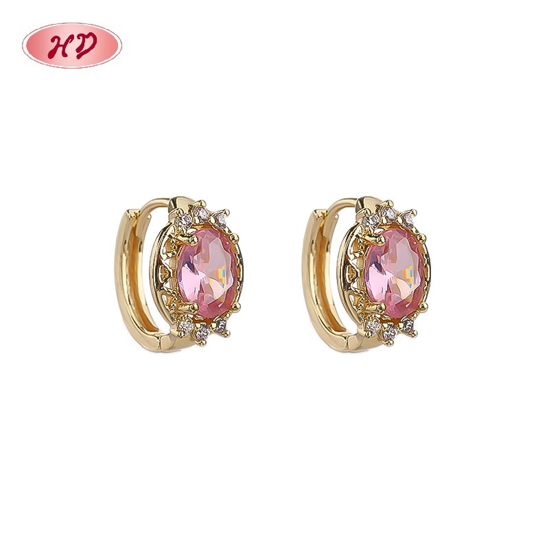 Casual style 18K gold plated huggie earrings with colorful zircon