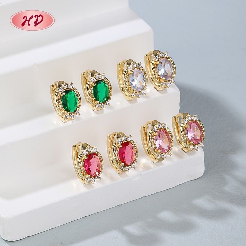 Casual style 18K gold plated huggie earrings with colorful zircon