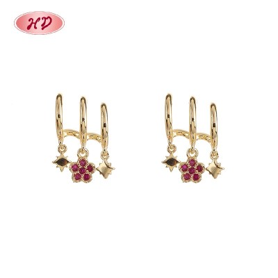 Trendy 18K Gold Plated Stud Earrings | Red Zircon Floral Jewelry Ideal for Parties & Everyday Fashion | Women's Earring