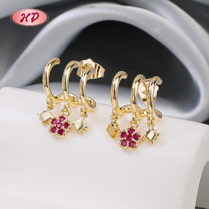 Trendy 18K Gold Plated Stud Earrings | Red Zircon Floral Jewelry Ideal for Parties & Everyday Fashion | Women's Earring
