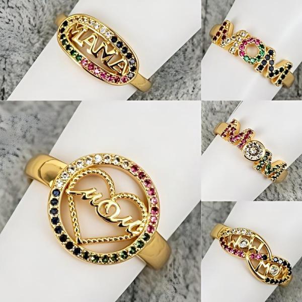 18K Gold Plated MOM Letter Ring with Multi-color Cubic Zirconia | Copper Jewelry Wholesale for Women Mother's Day Gift
