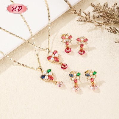 18K Gold Plated Floral Necklace Earring | Copper Alloy Zircon Pearl Jewelry Set | Hendgian Jewelry Bulk Supply for Women