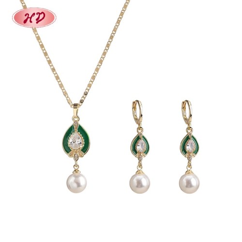 Vintage Romantic Enamel Teardrop Pearl Cubic Zircon Jewelry Set | 18K Gold Plated Earring Necklace | Wedding Occasions