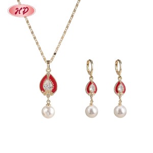 Vintage Romantic Enamel Teardrop Pearl Cubic Zircon Jewelry Set | 18K Gold Plated Earring Necklace | Wedding Occasions