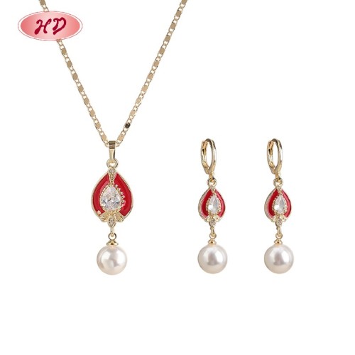 Vintage Romantic Enamel Teardrop Pearl Cubic Zircon Jewelry Set | 18K Gold Plated Earring Necklace | Wedding Occasions