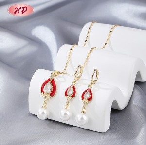 Vintage Romantic Enamel Teardrop Pearl Cubic Zircon Jewelry Set | 18K Gold Plated Earring Necklace | Wedding Occasions