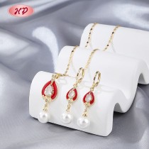 Vintage Romantic Enamel Teardrop Pearl Cubic Zircon Jewelry Set | 18K Gold Plated Earring Necklace | Wedding Occasions