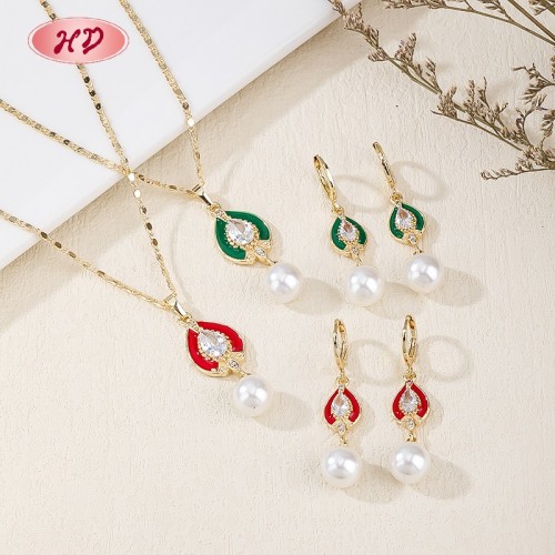 Vintage Romantic Enamel Teardrop Pearl Cubic Zircon Jewelry Set | 18K Gold Plated Earring Necklace | Wedding Occasions