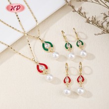 Vintage Romantic Enamel Teardrop Pearl Cubic Zircon Jewelry Set | 18K Gold Plated Earring Necklace | Wedding Occasions