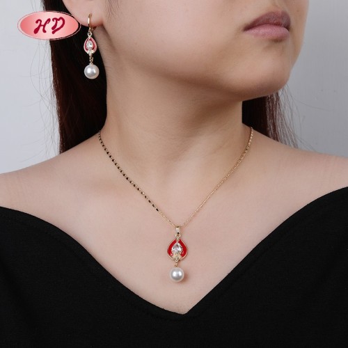 Vintage Romantic Enamel Teardrop Pearl Cubic Zircon Jewelry Set | 18K Gold Plated Earring Necklace | Wedding Occasions