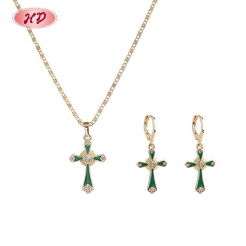 Classic Elegant Enamel Cross Multicolor Zircon Jewelry Set | 18K Gold Plated Necklace and Earriings | Women's Jewelry