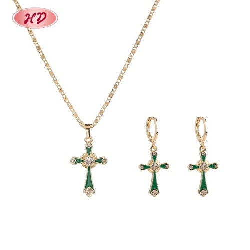 Classic Elegant Enamel Cross Multicolor Zircon Jewelry Set | 18K Gold Plated Necklace and Earriings | Women's Jewelry