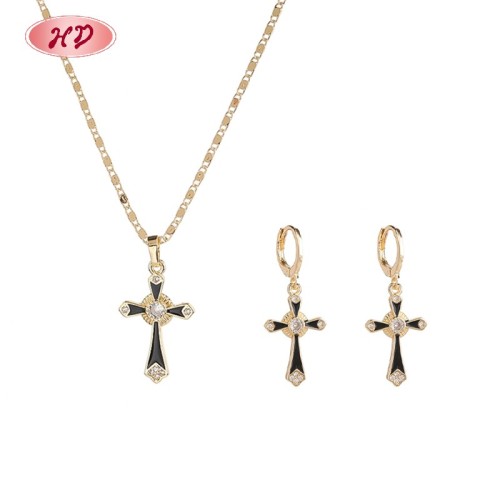 Classic Elegant Enamel Cross Multicolor Zircon Jewelry Set | 18K Gold Plated Necklace and Earriings | Women's Jewelry