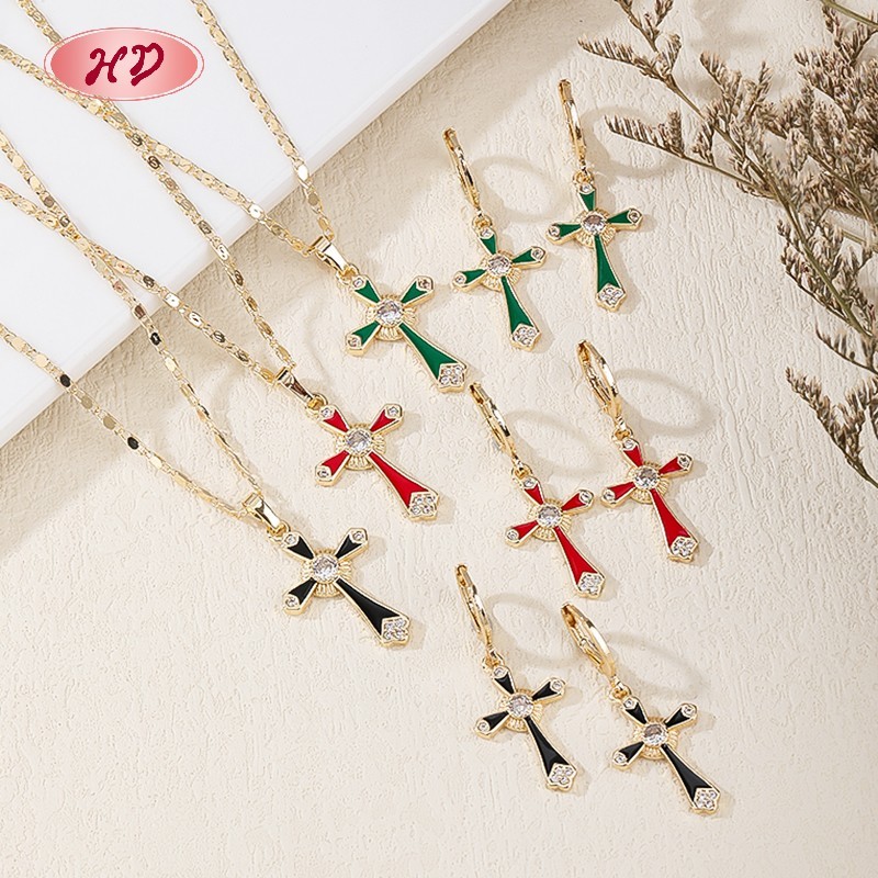 Classic Elegant Enamel Cross Multicolor Zircon Jewelry Set 18K Gold Plated Copper Alloy Large Quantity Supply For Women Office Commute Wear