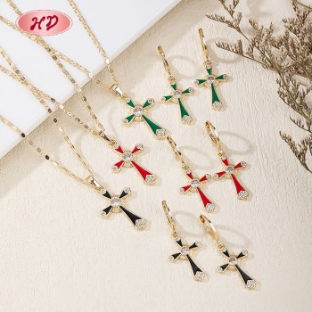 Classic Elegant Enamel Cross Multicolor Zircon Jewelry Set | 18K Gold Plated Necklace and Earriings | Women's Jewelry