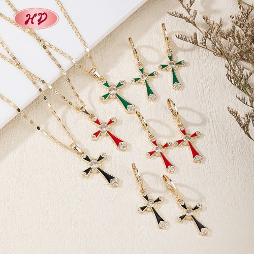 Classic Elegant Enamel Cross Multicolor Zircon Jewelry Set | 18K Gold Plated Necklace and Earriings | Women's Jewelry