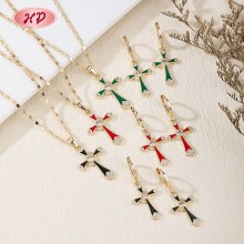 Classic Elegant Enamel Cross Multicolor Zircon Jewelry Set | 18K Gold Plated Necklace and Earriings | Women's Jewelry