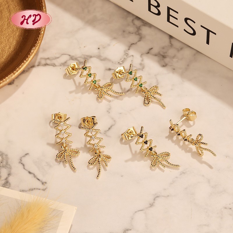 Vintage Twisted Wire Bow Long Cubic Zircon Dangle Earrings | 18K Gold Plated Copper Alloy Wholesale for Female | Wedding Banquet Occasions