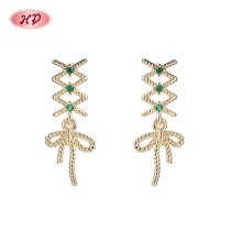 Vintage Twisted Wire Bow Long Cubic Zircon Dangle Earrings | Female Wedding Banquet Occasions | Brass Jewelry for Gifts