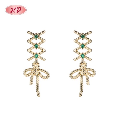 Vintage Twisted Wire Bow Long Cubic Zircon Dangle Earrings | Female Wedding Banquet Occasions | Brass Jewelry for Gifts