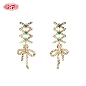Vintage Twisted Wire Bow Long Cubic Zircon Dangle Earrings | Female Wedding Banquet Occasions | Brass Jewelry for Gifts
