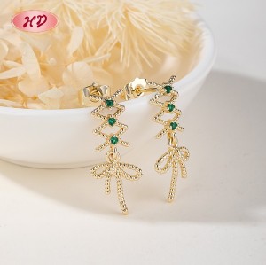 Wholesale 18K Gold Plated Geometric Zigzag Huggie Earrings with Green CZ Stones | Factory Direct Manufacturer