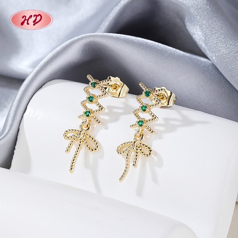 Vintage Twisted Wire Bow Long Cubic Zircon Dangle Earrings | 18K Gold Plated Copper Alloy Wholesale for Female | Wedding Banquet Occasions