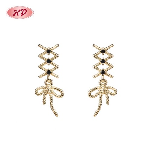 Vintage Twisted Wire Bow Long Cubic Zircon Dangle Earrings | Female Wedding Banquet Occasions | Brass Jewelry for Gifts