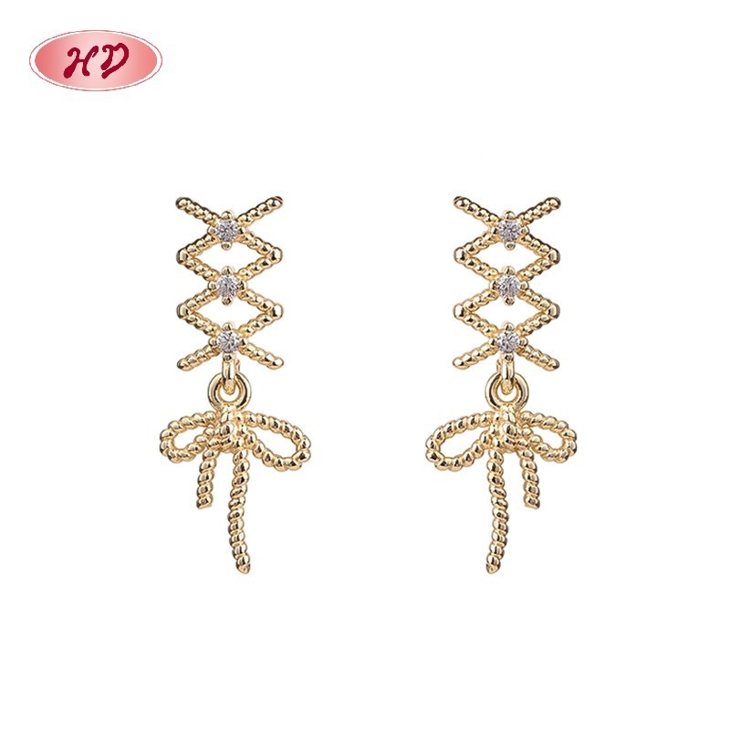 Vintage Twisted Wire Bow Long Cubic Zircon Dangle Earrings | 18K Gold Plated Copper Alloy Wholesale for Female | Wedding Banquet Occasions