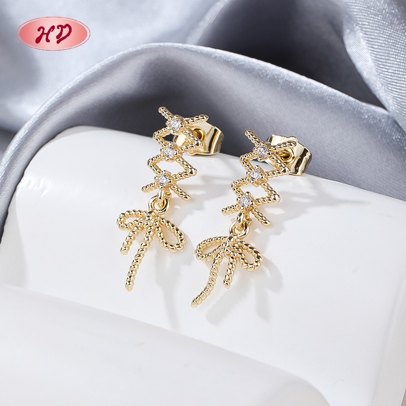 Vintage Twisted Wire Bow Long Cubic Zircon Dangle Earrings | 18K Gold Plated Copper Alloy Wholesale for Female | Wedding Banquet Occasions