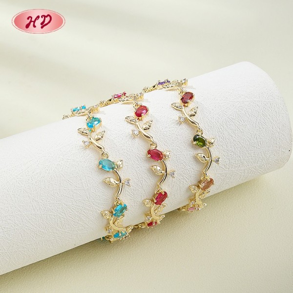18K Gold Plated Brass Leaf Vine Bracelet | AAA CZ Stone | Colorful Stackable Bangle for Women | Romantic Wedding Jewelry