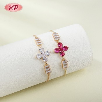 18K Gold Plated Brass Clover Bracelet | AAA CZ Stone | Pink & Clear for Women's Daily Wear | Bridal Party Gift Jewelry