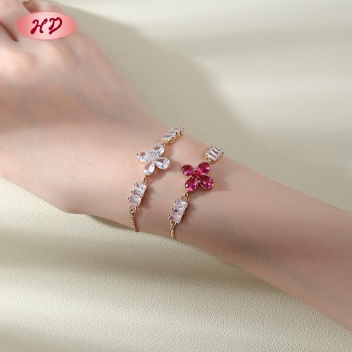 18K Gold Plated Brass Clover Bracelet | AAA CZ Stone | Pink & Clear for Women's Daily Wear | Bridal Party Gift Jewelry