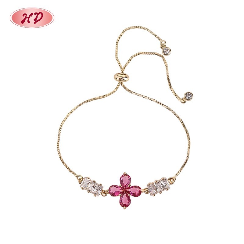 18K Gold Plated Brass Clover Bracelet | AAA CZ Stone | Pink & Clear for Women's Daily Wear