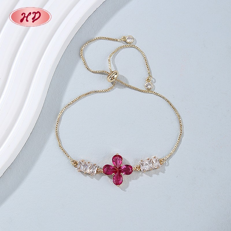 18K Gold Plated Brass Clover Bracelet | AAA CZ Stone | Pink & Clear for Women's Daily Wear