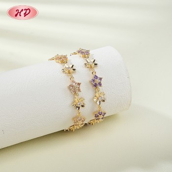 18K Gold Plated Brass Flower Bracelet | AAA CZ Stone | Purple & Champagne Floral Bangle for Women | Bridal Gift Party