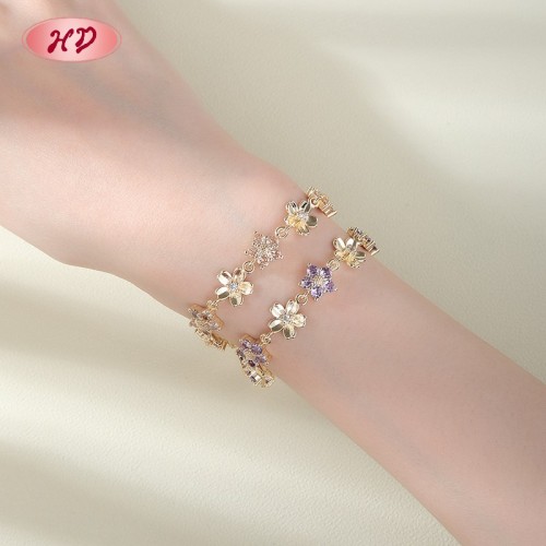 18K Gold Plated Brass Flower Bracelet | AAA CZ Stone | Purple & Champagne Floral Bangle for Women | Bridal Gift Party