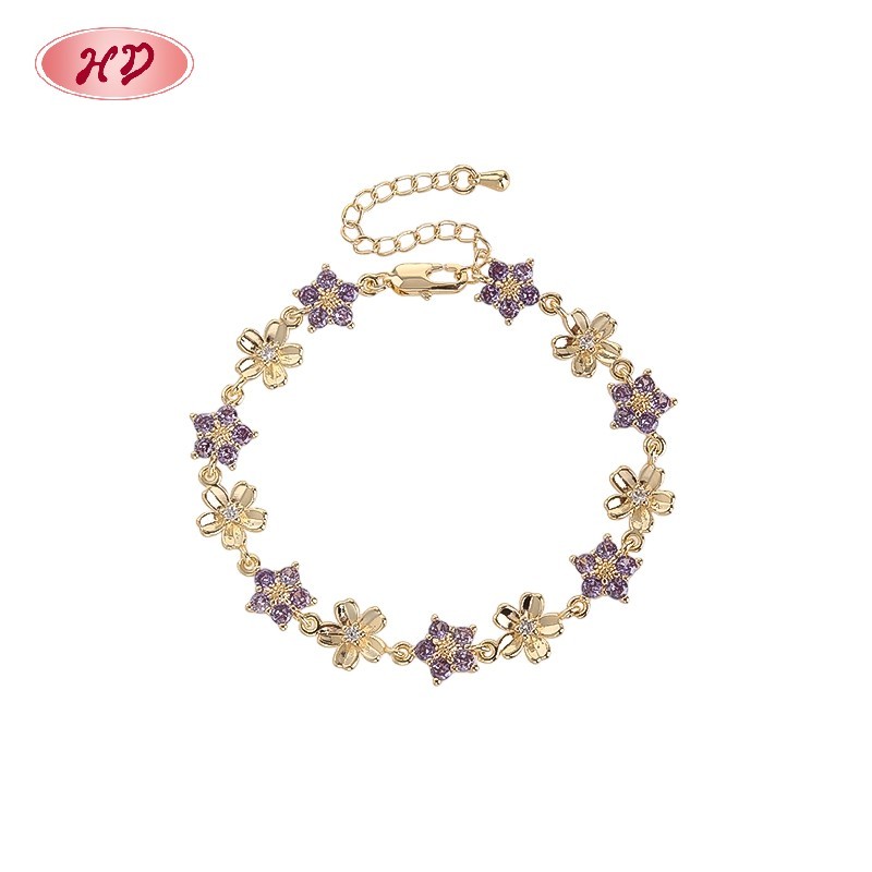 18K Gold Plated Brass Flower Bracelet | AAA CZ Stone | Purple & Champagne Floral Bangle for Women | Bridal Gift Party
