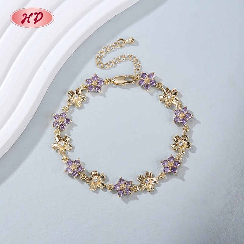 18K Gold Plated Brass Flower Bracelet | AAA CZ Stone | Purple & Champagne Floral Bangle for Women | Bridal Gift Party