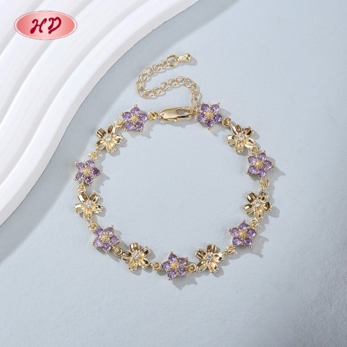 Factory Direct Purple CZ Flower Link Bracelet | 18K Gold Plated Tennis Bracelet Manufacturer