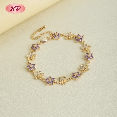 Factory Direct Purple CZ Flower Link Bracelet | 18K Gold Plated Tennis Bracelet Manufacturer