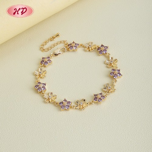 18K Gold Plated Brass Flower Bracelet | AAA CZ Stone | Purple & Champagne Floral Bangle for Women | Bridal Gift Party