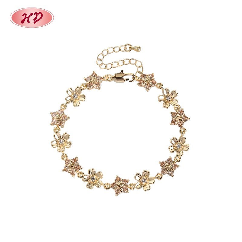 18K Gold Plated Brass Flower Bracelet | AAA CZ Stone | Purple & Champagne Floral Bangle for Women | Bridal Gift Party