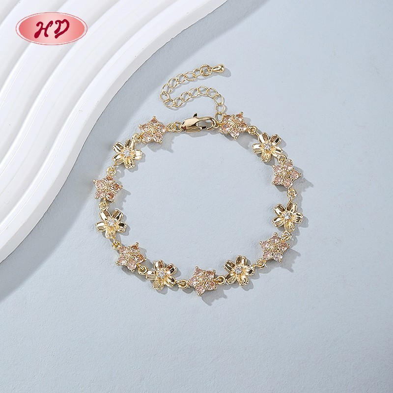 18K Gold Plated Brass Flower Bracelet | AAA CZ Stone | Purple & Champagne Floral Bangle for Women | Bridal Gift Party