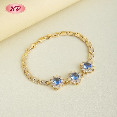 Elegant Blue CZ Floral Link Bracelet | 18K Gold Plated Wholesale Jewelry | Blue Cz Bracelet