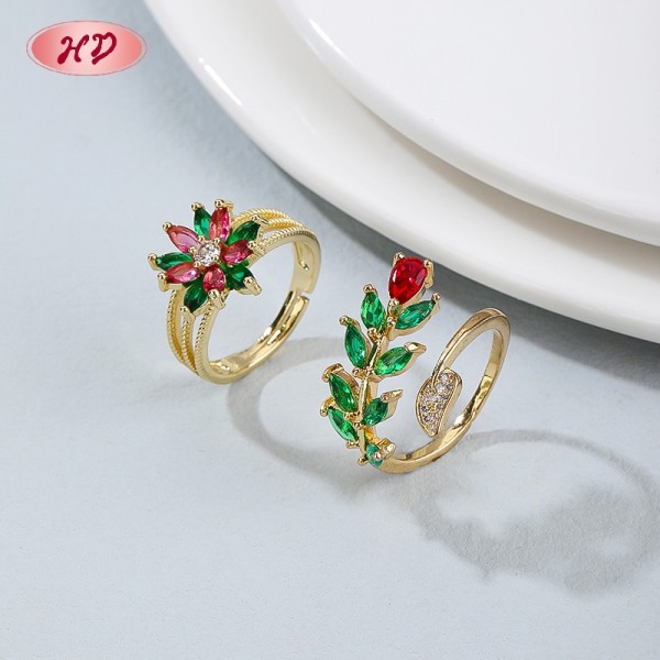 18K Gold Plated Brass Floral Leaf Ring | AAA CZ Adjustable Open Ring | For Daily & Occasion Wear | Hengdian (HD) Jewelry