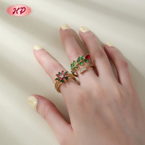 18K Gold Plated Brass Floral Leaf Ring | AAA CZ Adjustable Open Ring | For Daily & Occasion Wear | Hengdian (HD) Jewelry