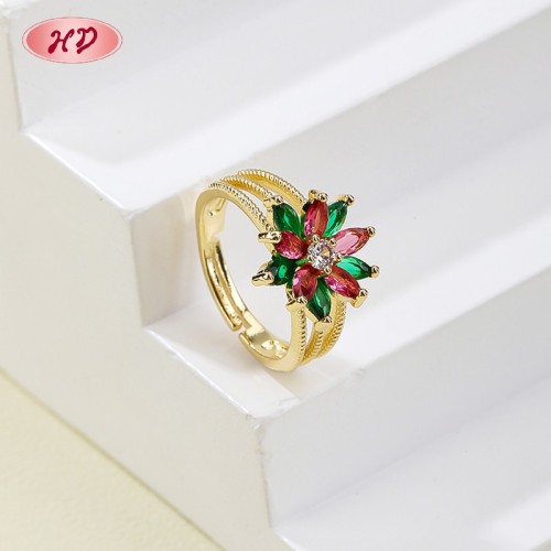 18K Gold Plated Brass Floral Leaf Ring | AAA CZ Adjustable Open Ring | For Daily & Occasion Wear | Hengdian (HD) Jewelry